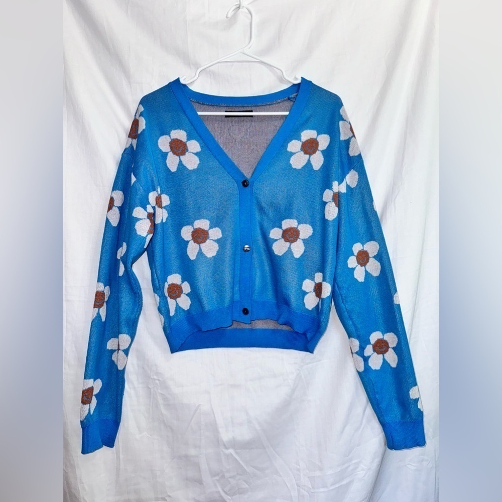 Shein Blue Floral print Long Sleeve V Neck Button Front Cardigan Sweater medium
